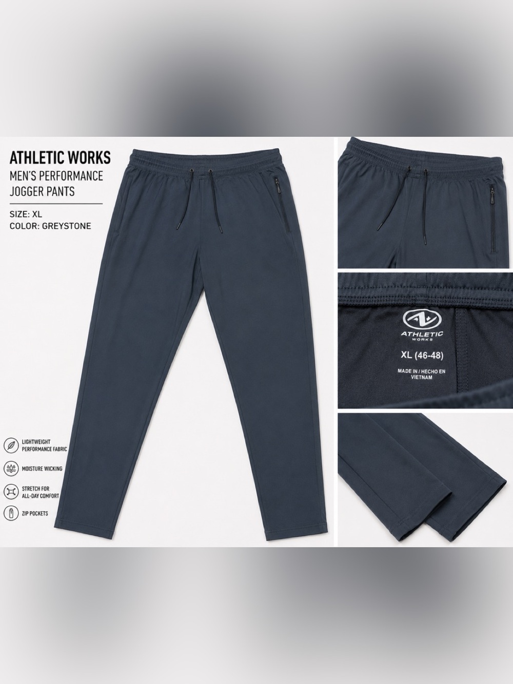 Athletic Works Men’s Performance Jogger Pants – Greystone – Size XL – NWT